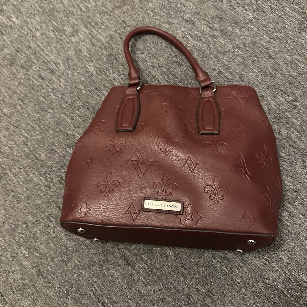 Adrienne Vittadini maroon embossed logo satchel handbag